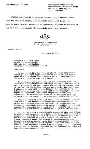 General Counsel Jay C. Waldman: Letter to Senator H. Craig Lewis,