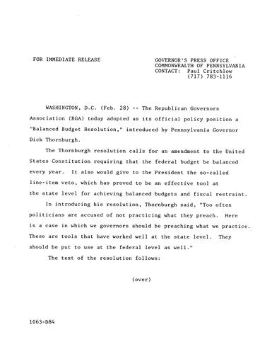RGA adopts "Balanced Budget Resolution" introduced by Governor Dick Thornburgh
