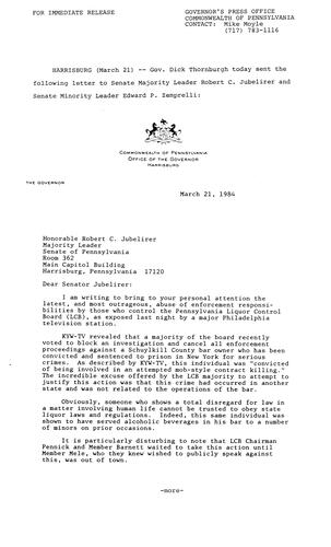 Letter to Senate Majority Leader Robert C. Jubelirer and Senate Majority Leader Edward P. Zemprelli regarding LCB