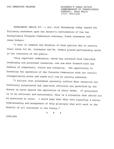 Commends Senate for confirmation of Frank Ursomarso and James Dodaro to PA Turnpike Commission