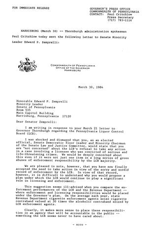 Paul Critchlow letter to Senate Minority Leader Edward P. Zemprelli re. LCB