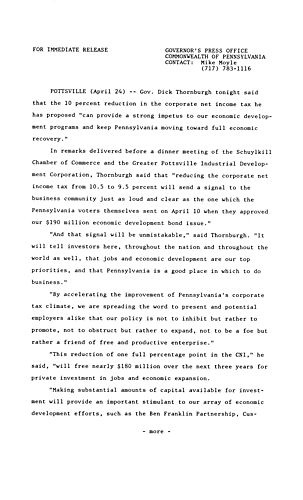 Remarks: at dinner meeting of Schuylkill Chamber of Commerce and Greater Pottsville Industrial Development Corporation,