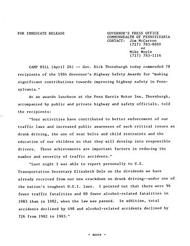 Remarks: at 1984 Governor's Highway Safety Awards luncheon,