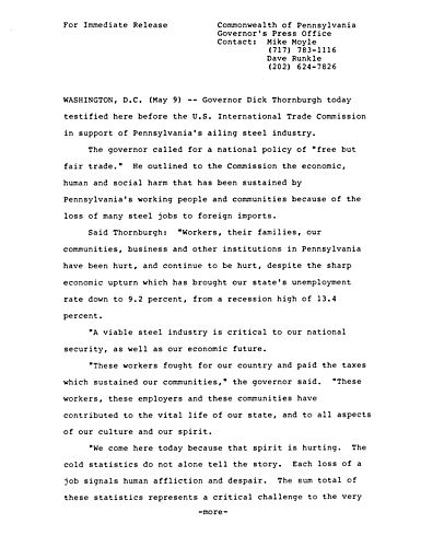 Testimony before U.S. International Trade Commission re. PA steel industry,