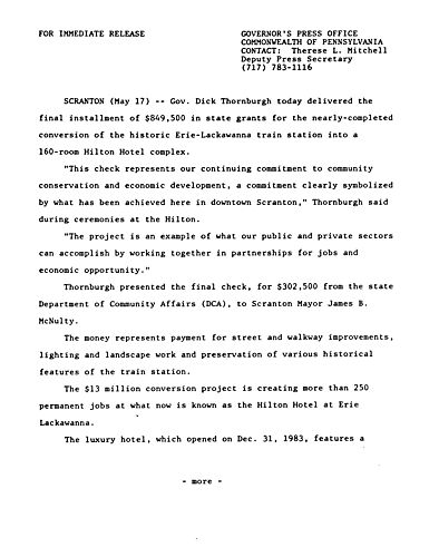 $849,500 in State grants for conversion of Erie-Lackawanna Train Station into Hilton Hotel complex (Final installment),