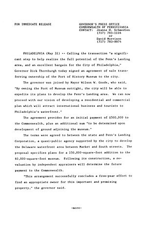Signs agreement of sale transferring ownership of Port of History Museum to Philadelphia,