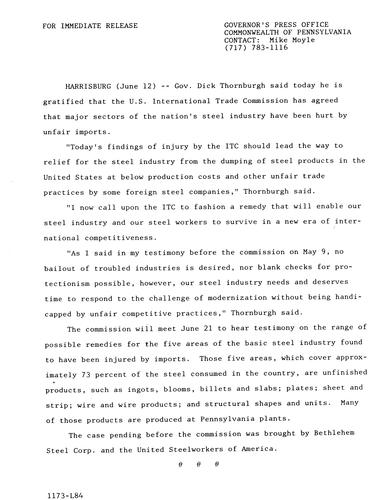 Comments regarding U.S. International Trade Commission's agreement that steel industry has been hurt by unfair imports,