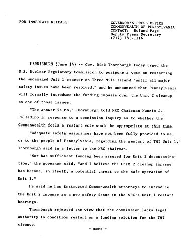 Letter to NRC urging postponement of vote on restart of Unit 1 at Three Mile Island (TMI),