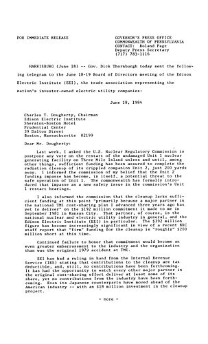 Telegram to Edison Electric Institute re. Three Mile Island (TMI) and restart of Unit 1,