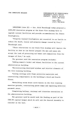 Proposes renovation program at State Fire Academy,