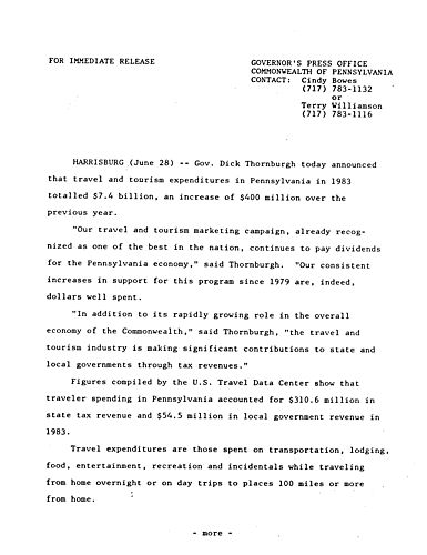 Announces travel and tourism expenditures in PA in 1983 totaled $7.4 billion,