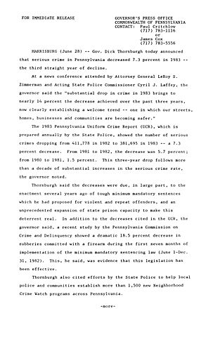 Announces serious crime in PA decreased 7.3% in 1983 -third straight year of decline,