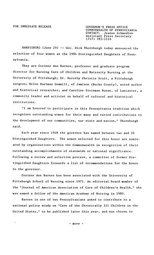 Announces four women as 1984 Distinguished Daughters of PA,
