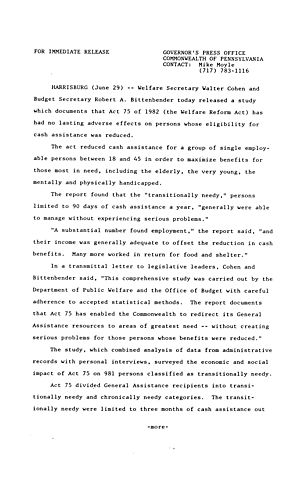 Welfare Secretary Walter Cohen and Budget Secretary Robert A. Bittenbender release study regarding effects of Welfare Reform Act of 1982,