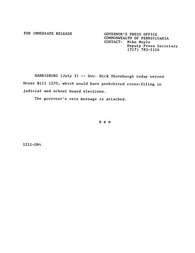 VETO: H.B. 1270 which would have prohibited cross-filing in judicial and school board elections,