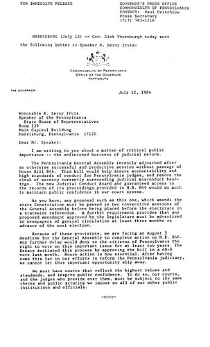 Letter to Speaker K. Leroy Irvis regarding Judicial Reform,