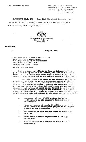 Letter to U.S. Transportation Secretary Elizabeth Dole regarding Conrail sale,