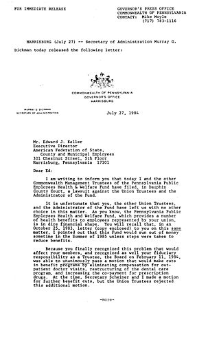 Administration Secretary Murray Dickman letter to Edward J. Keller, AFSCME Executive Director, regarding PA Public Employees Health and Welfare Fund,