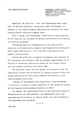 Urges National Governors Association (NGA) ask Congress to delegate to Federal Highway Administration authority for apportioning federal interstate highway funds,