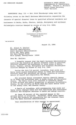 Letter to SBA regarding disaster loans in Berks, Bucks, Chester, Lehigh, Montgomery and Northeast Philadelphia counties damaged by storms,
