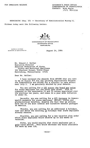 Secretary of Administration Murray G. Dickman: Letter to Edward J. Keller, AFSCME,