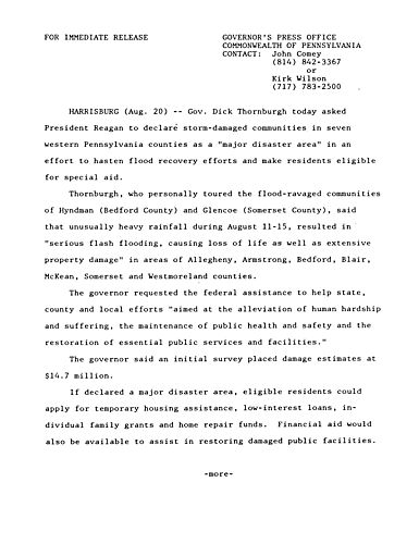 Asks President Reagan to declare storm-damaged communities in 7 Western PA counties a "major disaster area" to hasten flood recovery,