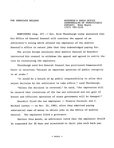 Office of General Counsel to continue to appeal ruling allowing Auditor General employees who paid for jobs to retain them,