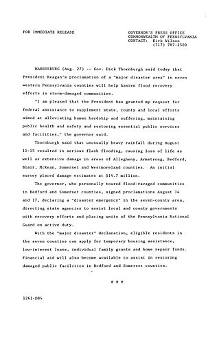 Praises President Reagan's proclamation of a "major disaster area" in 7 Western PA counties,