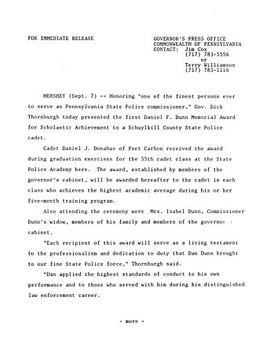 Daniel F. Dunn Memorial Award for scholastic achievement to Schuylkill County State Police cadet,
