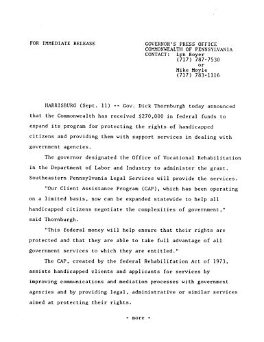 $270,000 in federal funds for Our Client Assistance Program which protects rights of handicapped citizens,