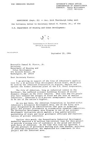 Letter to U.S. HUD Secretary Samuel R. Pierce, Jr. regarding Johnstown Urban Development Action grant,