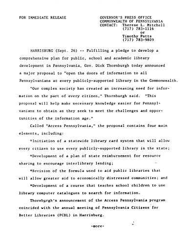 Remarks: PA Citizens for Better Libraries; Thornburgh announces "Access PA" proposal,