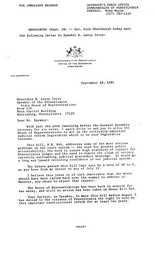 Letter to Speaker K. Leroy Irvis regarding Judicial Reform legislation,