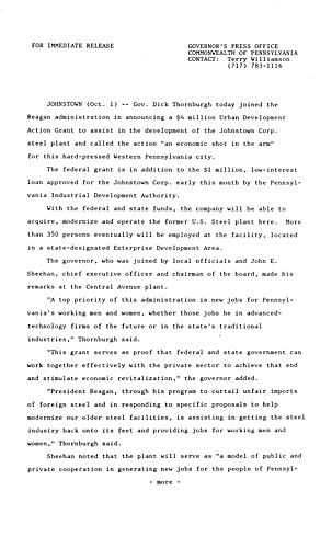 Joins Reagan Administration in announcing $4 million Urban Development Action Grant to Johnstown Corporation Steel plant,
