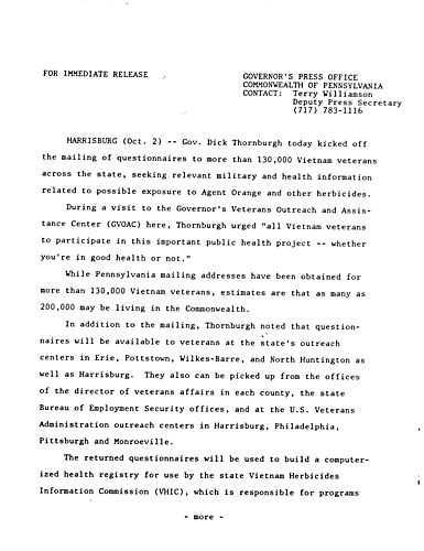 Kicks off mailing 130,000 Vietnam Veterans regarding toxic chemical exposure,