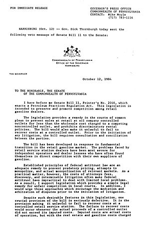 VETO message regarding S.B. 11, Petroleum Practices Regulation Act,