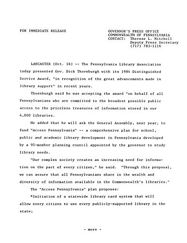 1984 Distinguished Service Award from PA Library Association,