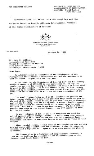Letter to Lynn R. Williams, International President of United Steel Workers of America,
