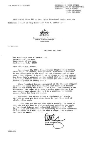 Letter to Navy Secretary John F. Lehman, Jr. re. construction of nine T-AO fleet oilers,