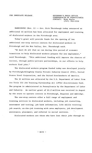 Additional $1 million in Job Training Partnership Act funds for Pittsburgh are dislocated workers,