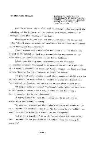 Ida D. Dark as PA's 1985 Teacher of the Year at PA Education Congress,