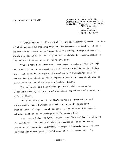 $275,000 DCA grant to Belmont Plateau Area in Fairmont Park, Philadelphia,