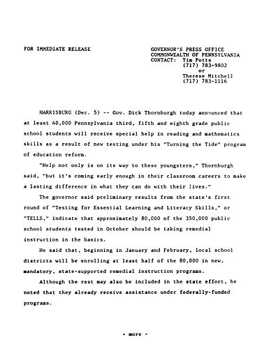 40,000 students to receive help in reading and math skills under Governor's "Turning the Tide" program of education reform,
