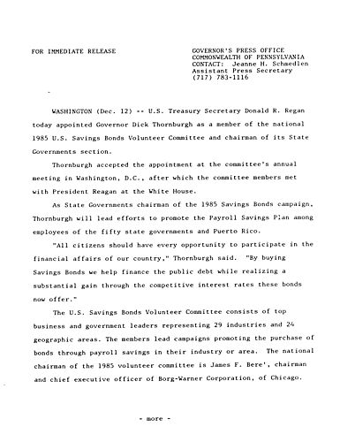 Appointed by U.S. Treasury Secretary Donald R. Regan as member National '85 U.S. Savings Bond Volunteer Committee and chairman of its State Governments Selection,