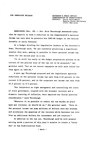 Expects to seek personal income tax rate reduction and propose "rainy day" or Tax Stabilization Fund,