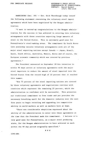 Statement: Voluntary steel import agreements negotiated by Reagan Administration,