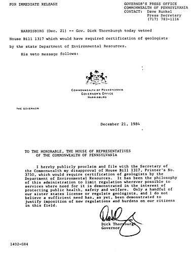 VETO message: H.B. 1317, re. Certification of Geologists by DER,