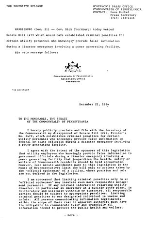 VETO: S.B. 1279 re. false information during disaster emergency and power generating facility,