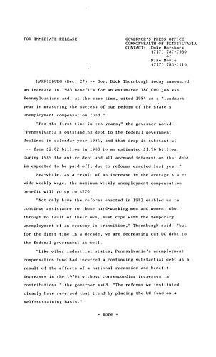 Announces increases in 1985 benefits for 180,000 PA jobless, and success of reform of U.C. Fund,