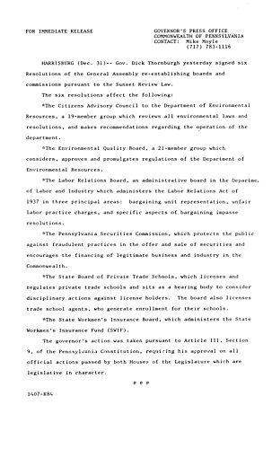 Signs six Resolutions of General Assembly re-establishing Boards and Commissions pursuant to Sunset Review Law,